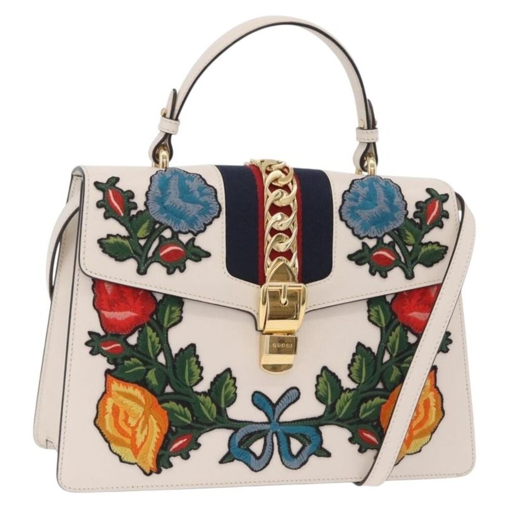 Gucci Sylvie Top Handle Embroidered Leather White Leather Handbag